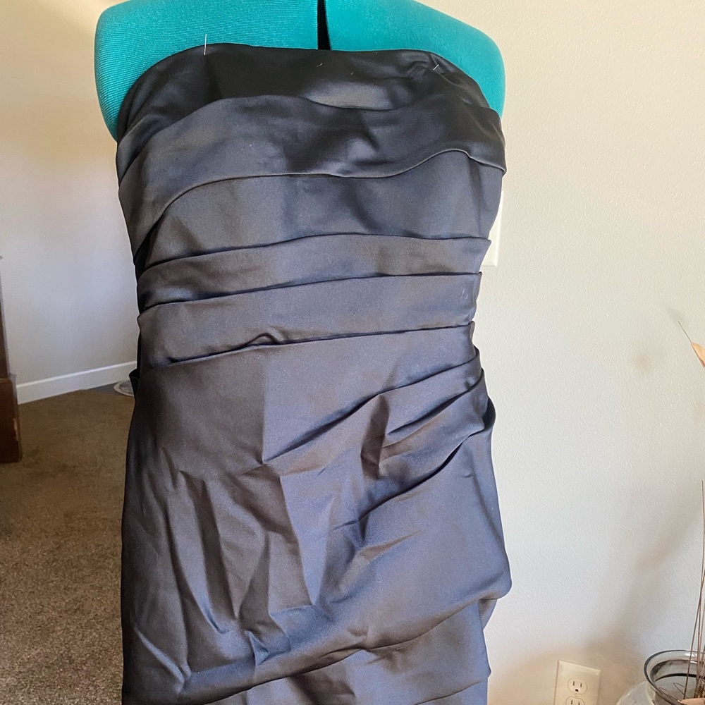 Dave’s Bridal black strapless dress.